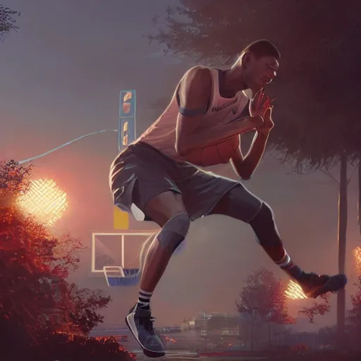 Image similar to highly detailed basketball player, in gta v, stephen bliss, unreal engine, fantasy art by greg rutkowski, loish, rhads, ferdinand knab, makoto shinkai and lois van baarle, ilya kuvshinov, rossdraws, tom bagshaw, global illumination, radiant light, detailed and intricate environment