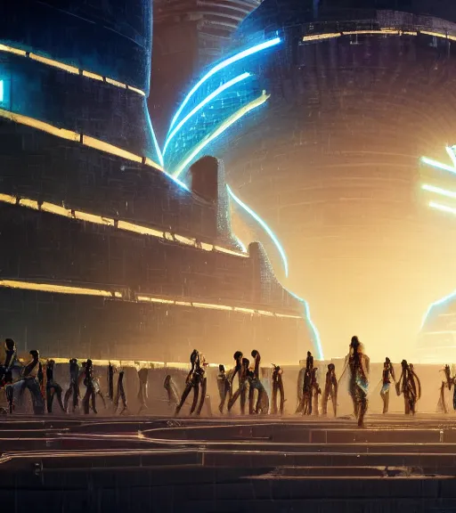 Prompt: tron legacy crowded race to the ancient and majestic tower of babylon destroyed, hyper realistic, ambient lighting, concept art, intricate, hyper detailed, trakovsky greatest scene, smooth, dynamic volumetric lighting, octane, raytrace, cinematic, high quality, high resolution, 4 k, cgsociety, rutkowski, gurney