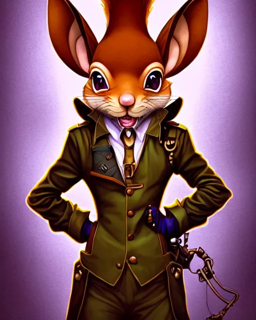 Image similar to don bluth, loish, artgerm, joshua middleton, steampunk, clockpunk anthropomorphic squirrel, full policeman outfit, smiling, symmetrical eyes symmetrical face, colorful animation forest background