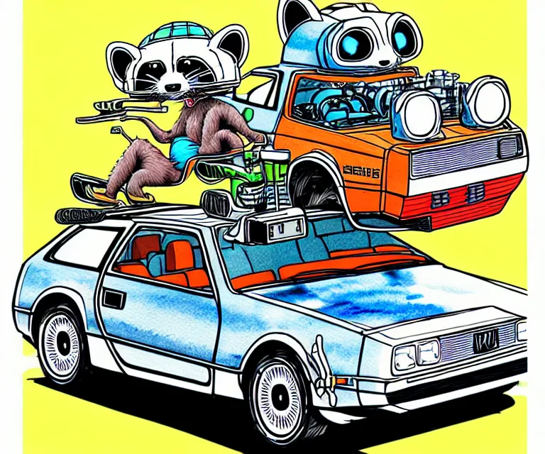 Image similar to cute and funny, ( ( ( ( ( ( racoon ) ) ) ) ) ) wearing a helmet riding in a tiny silver color hot rod dmc delorean with oversized engine, ratfink style by ed roth, centered award winning watercolor pen illustration, colorful isometric illustration by chihiro iwasaki, edited by range murata