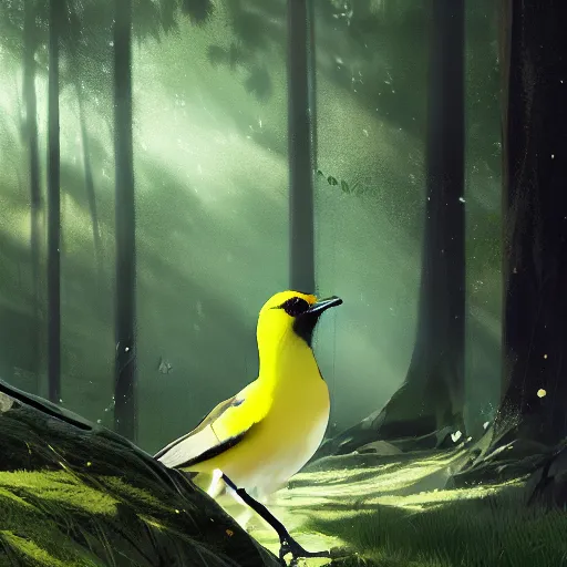 Image similar to green yellow white and black wren, reyezuelo listado, in avila pinewood, 4 k, concept art, by wlop, ilya kuvshinov, artgerm, krenz cushart, greg rutkowski, pixiv. cinematic dramatic atmosphere, sharp focus, volumetric lighting, cinematic lighting, studio quality