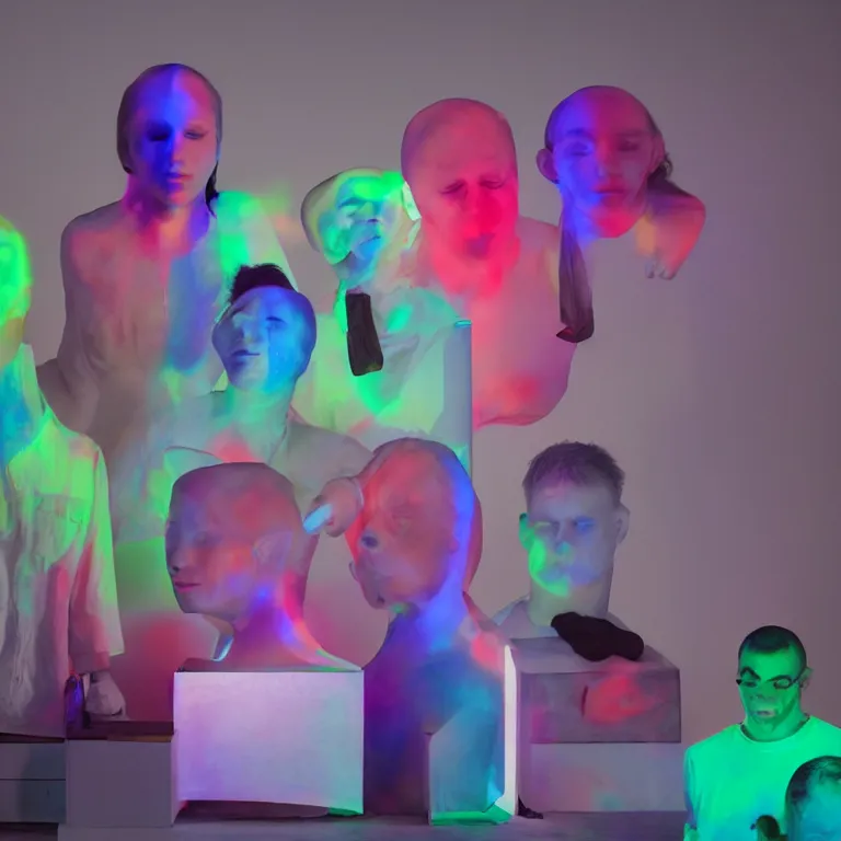 Image similar to fluxus performance of gradient cool colors light projection onto several giant human heads in a cramped art gallery, high contrast hyperrealism trending on arstation 8 k