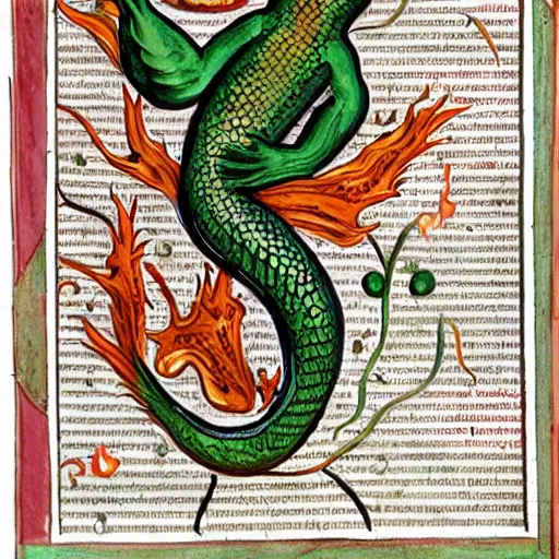 Image similar to salamander on fire in the style of a grotesque of an illuminated manuscript