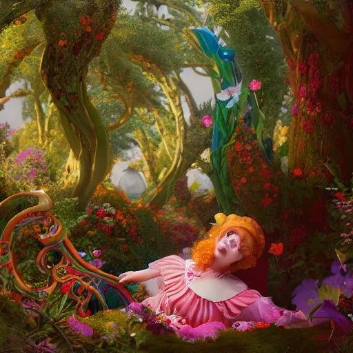 Prompt: alice in wonderland, art nouveau, by rachel ruysch and lisa frank, 8 k, sharp focus, octane render