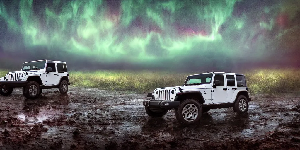 Prompt: a muddy 1997 hardtop white Jeep Wrangler drowning in quicksand, digital art, beautiful iridescent fog swallows the dirty alien swamp, planets can be seen in the sky above, in front of an amazing forest, gritty, cinematic, extraordinary colorful landscape, photorealistic, soft vintage glow, trending on artstation, 4k, hd