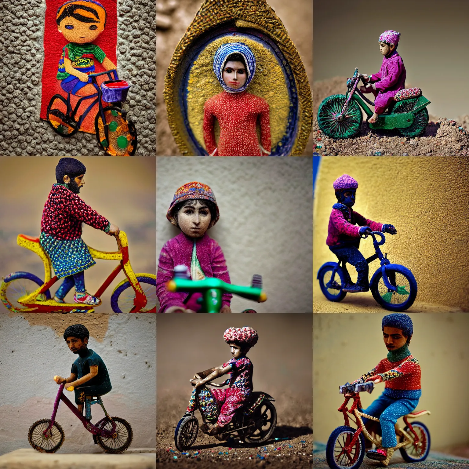 Prompt: portrait of a carpeted figurine of Iranian child on a bike, colourful, detailed, depth of field, intricate, delicate, by Jonas Jensen, Magnum photos