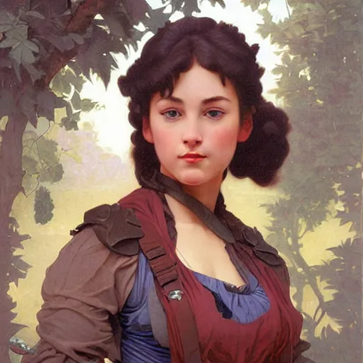 Image similar to a vintage portrait painting of a fantasy explorer lady, highly detailed, art by tristan eaton and artgerm and william - adolphe bouguereau