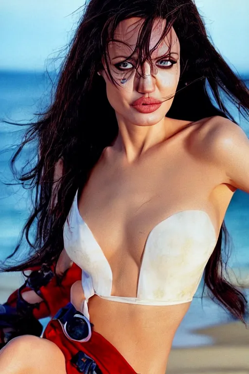 Image similar to close up headshot of angelina jolie as Nico Robin from One Piece standing on a beach, cosplay, photograph by Mario Testino