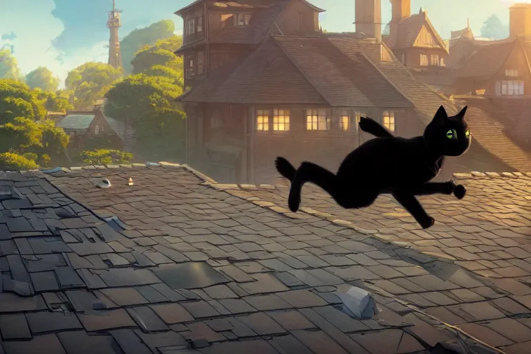 Image similar to a wholesome animation key shot of a black cat jumping between roofs with tiles, medium shot, studio ghibli, pixar and disney animation, sharp, rendered in unreal engine 5, anime key art by greg rutkowski, bloom, dramatic lighting