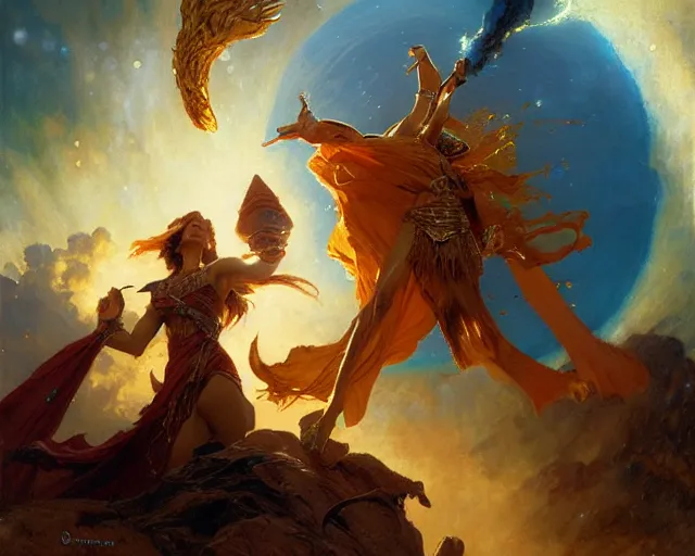 Image similar to sorceress casting powerful meteor spell in the plains. highly detailed painting by gaston bussiere, craig mullins, j. c. leyendecker 8 k