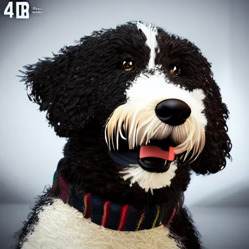 Image similar to a closeup photorealistic photograph of a cute smiling knitted bernedoodle judge dog dressed in a black gown, presiding over the courthouse. indoors, professional capture, well lit shot. this 4 k hd image is trending on artstation, featured on behance, well - rendered, extra crisp, features intricate detail, epic composition and the style of unreal engine.