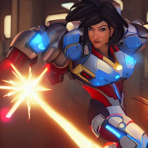 Image similar to ironman fighting pharah from overwatch