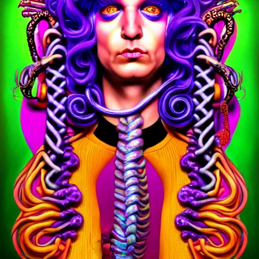 Image similar to an extremely psychedelic portrait of medusa as willy wonka, surreal, lsd, face, detailed, intricate, elegant, lithe, highly detailed, digital painting, artstation, concept art, smooth, sharp focus, illustration