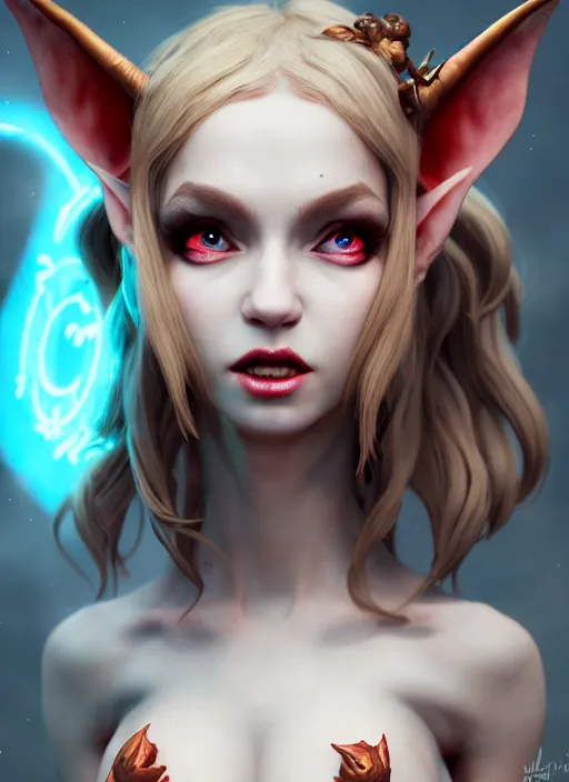 Image similar to imp demon goddess, cute elf ears, strapless dress, character portrait in the style of thomas river and artgerm, cinematic lighting, hyperdetailed, 8 k realistic, symmetrical, global illumination, radiant light,, frostbite 3 engine, cryengine, dof, trending on artstation, digital art, chanel