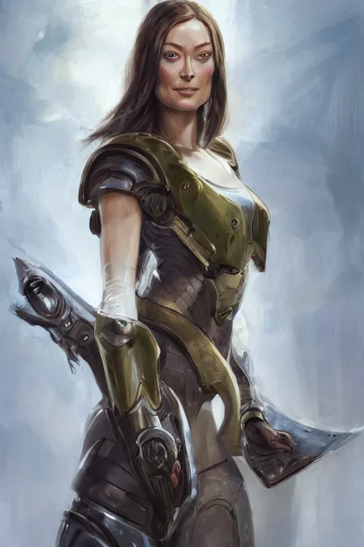 Image similar to a professional painting of a young Olivia Wilde, clothes in military armor, olive skin, long dark hair, beautiful bone structure, symmetrical facial features, intricate, elegant, digital painting, concept art, smooth, sharp focus, illustration, from StarCraft by Ruan Jia and Mandy Jurgens and Artgerm and William-Adolphe Bouguerea