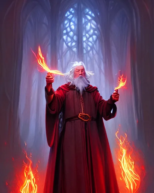 Prompt: Gandalf casting a fire spell, red led, glowing, D&D, fantasy, intricate, elegant, highly detailed, digital painting, artstation, concept art, matte, sharp focus, illustration, hearthstone, art by Artgerm and Greg Rutkowski and Alphonse Mucha