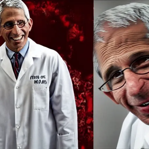 Image similar to horror film stark raving mad lunatic doctor anthony fauci, covered in blood, white lab coat, red stains, laughing maniacally, holding needles and syringes in his hands