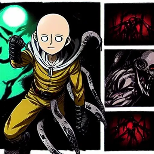 Prompt: concept art of one punch man as a boss in darkest dungeon, highly detailed, dark atmosphere, 2 d, cosmic horror, body horror, lovecraft mythos