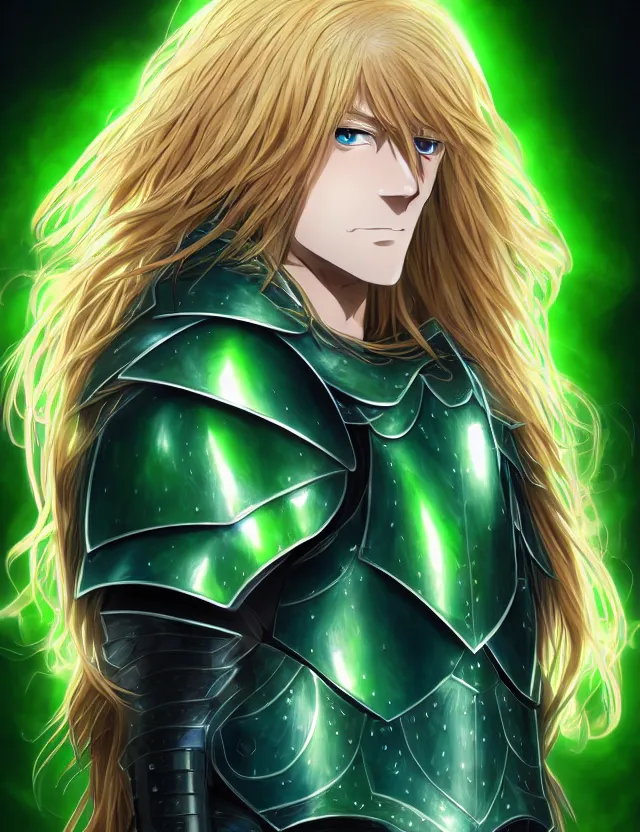 Prompt: an anime portrait of a long haired blonde man with blue eyes in green plate armour glowing with green energy, trending on artstation, digital art, 4 k resolution, detailed, high quality, sharp focus, hq artwork, coherent, insane detail