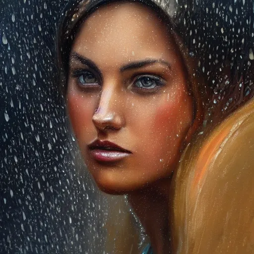 Image similar to a beautiful toned woman in rain, aesthetic, oil painting, pale colors, high detail, 8 k, wide angle, trending on artstation,