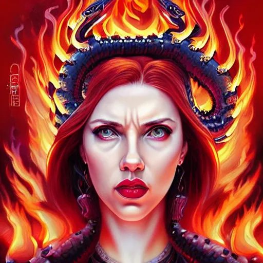 Image similar to queen of hell portrait of scarlett johansson, fire and flame, big long hell serpent octopus, Pixar style, by Tristan Eaton Stanley Artgerm and Tom Bagshaw.