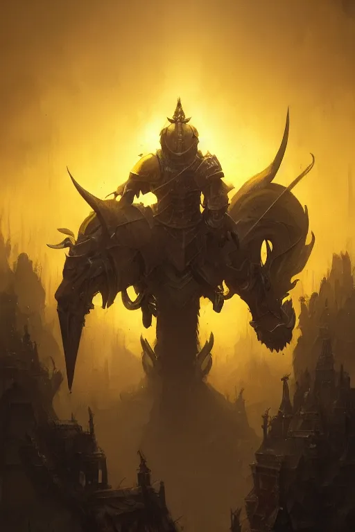 Image similar to A closeup of a yellow holy knight by Greg Rutkowski, Dan Mumford, Christophe Vacher, 4k photorealistic, volumetric lighting, HD, high details, dramatic, trending on artstation
