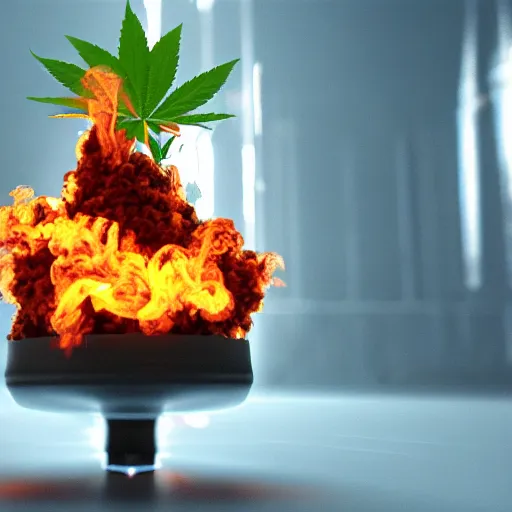 Prompt: beaker bong. cannabis weed nugs, water pipe, fire, smoke, octane render, 8 k, ultra hd, unreal engine 5, ray tracing