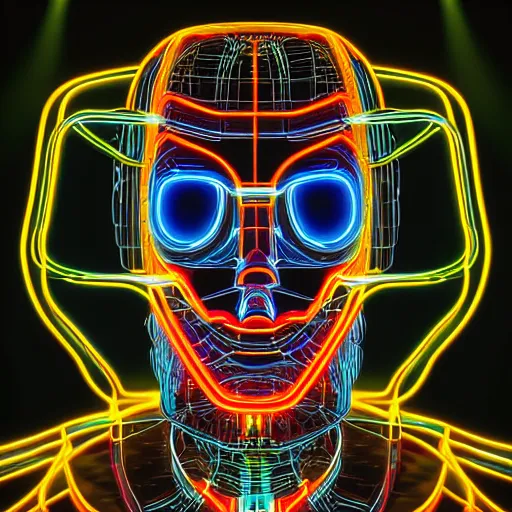 Image similar to hyperdetailed portrait of a cyberpunk futurism robot head, 8 k, glowing wires and tubes, symetrical, flourescent colors, halluzinogenic, realistic, black background