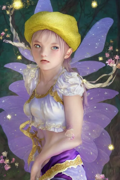 Image similar to Full View fairy maiden with short blond hair wearing an oversized purple Beret, Baggy Purple overall shorts, Short Puffy pants made of silk, silk shoes, a big billowy scarf, Golden Ribbon, and white leggings Covered in stars. covered in embroidery. Short Hair. peasant magic. Rhythmic gymnastics poses. masterpiece 4k digital illustration by Ruan Jia and Mandy Jurgens and Artgerm and william-adolphe bouguereau and greg rutkowski , award winning, Artstation, art nouveau aesthetic, Alphonse Mucha background, intricate details, realistic, panoramic view, Hyperdetailed, 8k resolution, intricate art nouveau