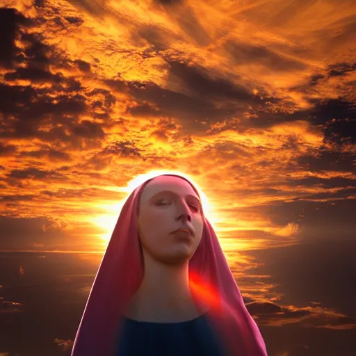 Image similar to a realistic digital photo of virgin mary as sunset clouds