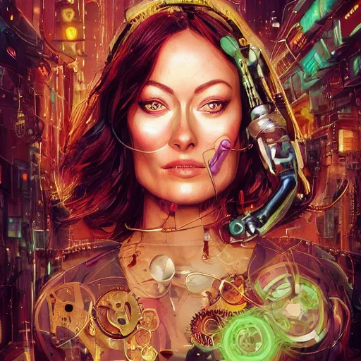 Image similar to close up portrait of olivia wilde as sherlock Holmes with has an epic idea, pixar style, stylized face, intricate detail, digital painting, gears, watches, steampunk, glowing orange eyes, biomechanical, neon colors, cyberpunk, trash polka, raining, faded green, particles floating, industrial background by marc simonetti + wlop, artwork by ross tran + ramond swanland + liam wong +mike winklemann + wlop