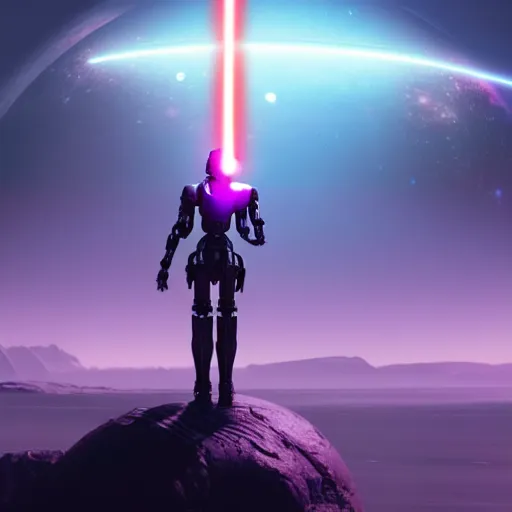 Prompt: robot wielding lightsaber in front of a violet planet, unreal engine, featured on cgsociety, trending on artstation, detailed, scifi futuristic character concept, greg rutkowski, movie poster, octane render, hyperrealistic, cinematic