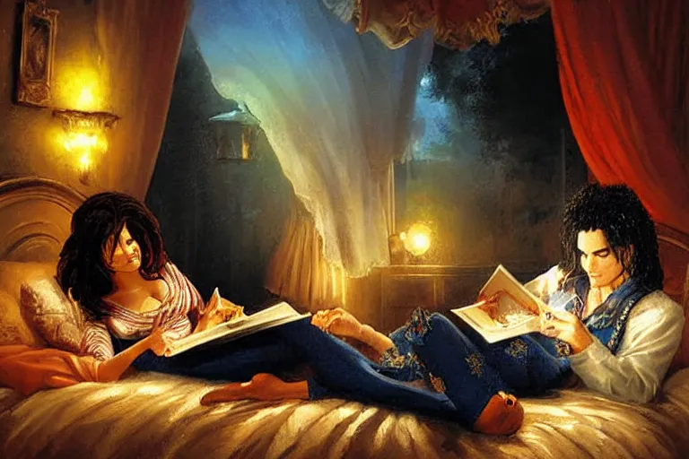 Image similar to portrait of dolly parton reading a bedtime story to michael jackson in bed, an oil painting by ross tran and thomas kincade