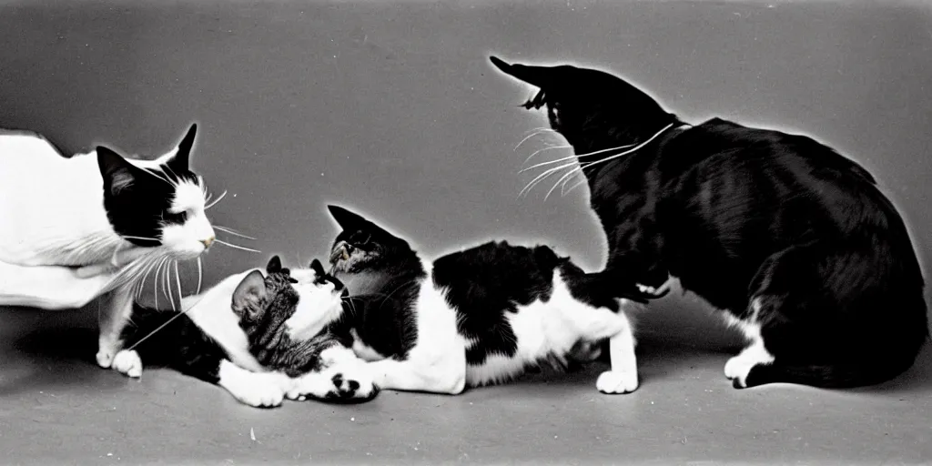 Image similar to very old black and white film photography of a silly animated cat giving a grumpy dog a back rub, real, year 1888, archive