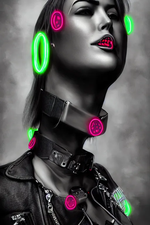 Image similar to detailed realistic female rock star cyberpunk wearing thick technological collar around neck, realistic, art, beautiful, 4K, collar, choker, collar around neck, punk, artstation, detailed, female, woman, choker, cyberpunk, neon, punk, collar, choker, collar around neck, thick collar, tight around neck, punk,