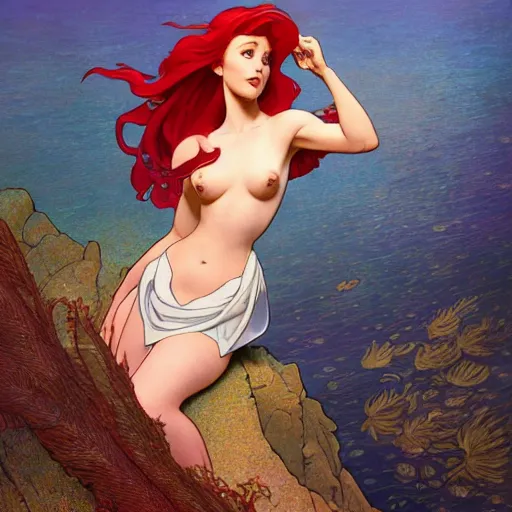 Image similar to Ariel in The Little Mermaid, highly detailed, digital painting, artstation, concept art, smooth, sharp focus, illustration, ArtStation, art by artgerm and greg rutkowski and alphonse mucha and J. C. Leyendecker and Edmund Blair Leighton and Katsuhiro Otomo and Geof Darrow and Phil hale and Ashley wood and Ilya repin and Charlie Bowater