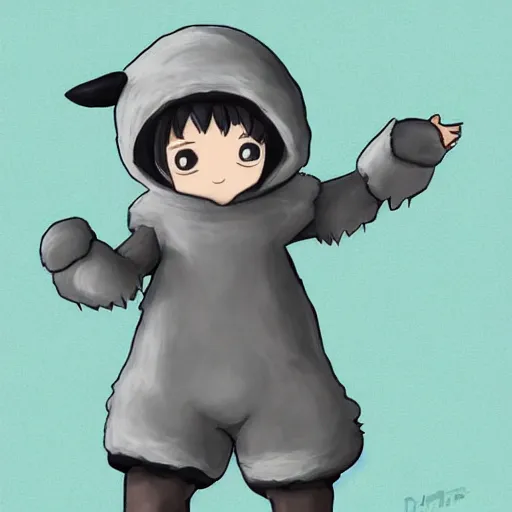 Image similar to little boy wearing sheep suit. white, gray, blue, green and brown pallet color. made in abyss art style, inspired in kris from deltarrune, cute detailed artwork, anatomically correct