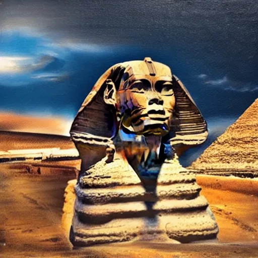 Image similar to an oil painting of the great sphinx of giza, with a human face a storm in the sky, sepia colors, impasto, wooden frame, 1 8 0 0's, sense of majestic epic wonder