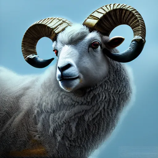 Image similar to ram sheep, intricate, futuristic, ultra realistic, hyper detailed, cinematic, digital art