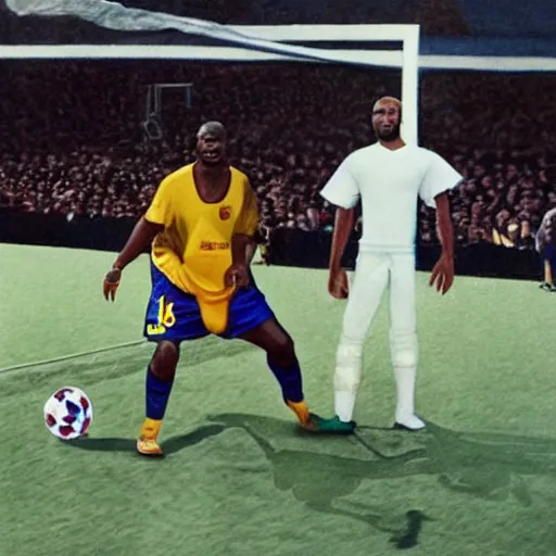 Prompt: Shaquille O'Neal playing soccer with FC Barcelona