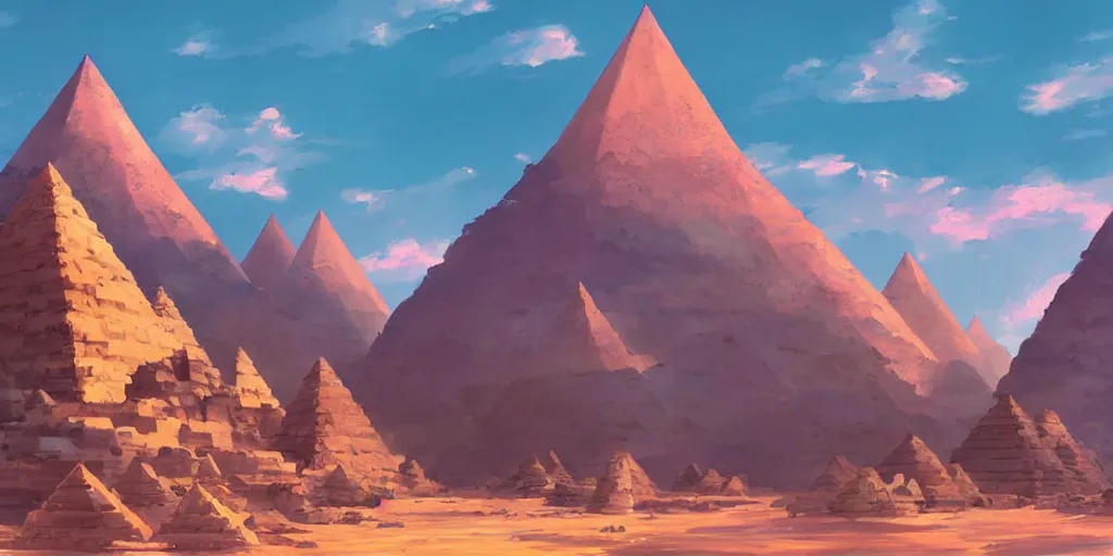 Prompt: a stunning desert landscape with towering pyramids by makoto shinkai