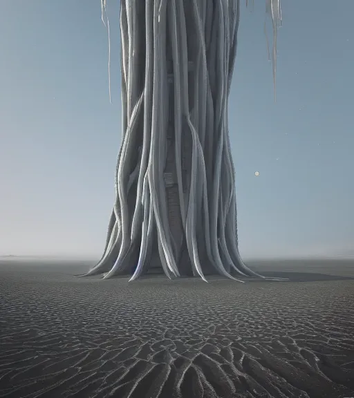 Prompt: surreal theory of the massive inverted roots, unfinished vertical roots of white sand, futuristic tower, futuritic architecture, ancient epic tower in the desert, biroremediation plant, foggy sky, starry night, a little bit of patchy cactus, octane render, unreal engine, pale colors, high detail, 8 k, wide angle, trending on artstation, behance