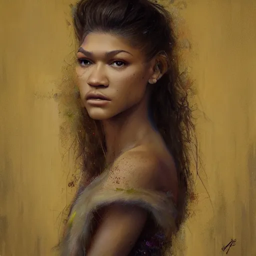 Image similar to hyperrealistic mixed media high resolution image of zendaya, oil painting, art by jamie salmon and istvan sandorfi and greg rutkowski, dim volumetric lighting, extremely hyperdetailed, intricate, highly detailed attributes