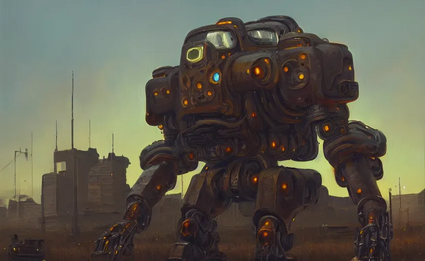 Image similar to an intricate oil painting of a giant armored plated metal mecha by simon stalenhag, rust, yellow and black trim, trending on artstation