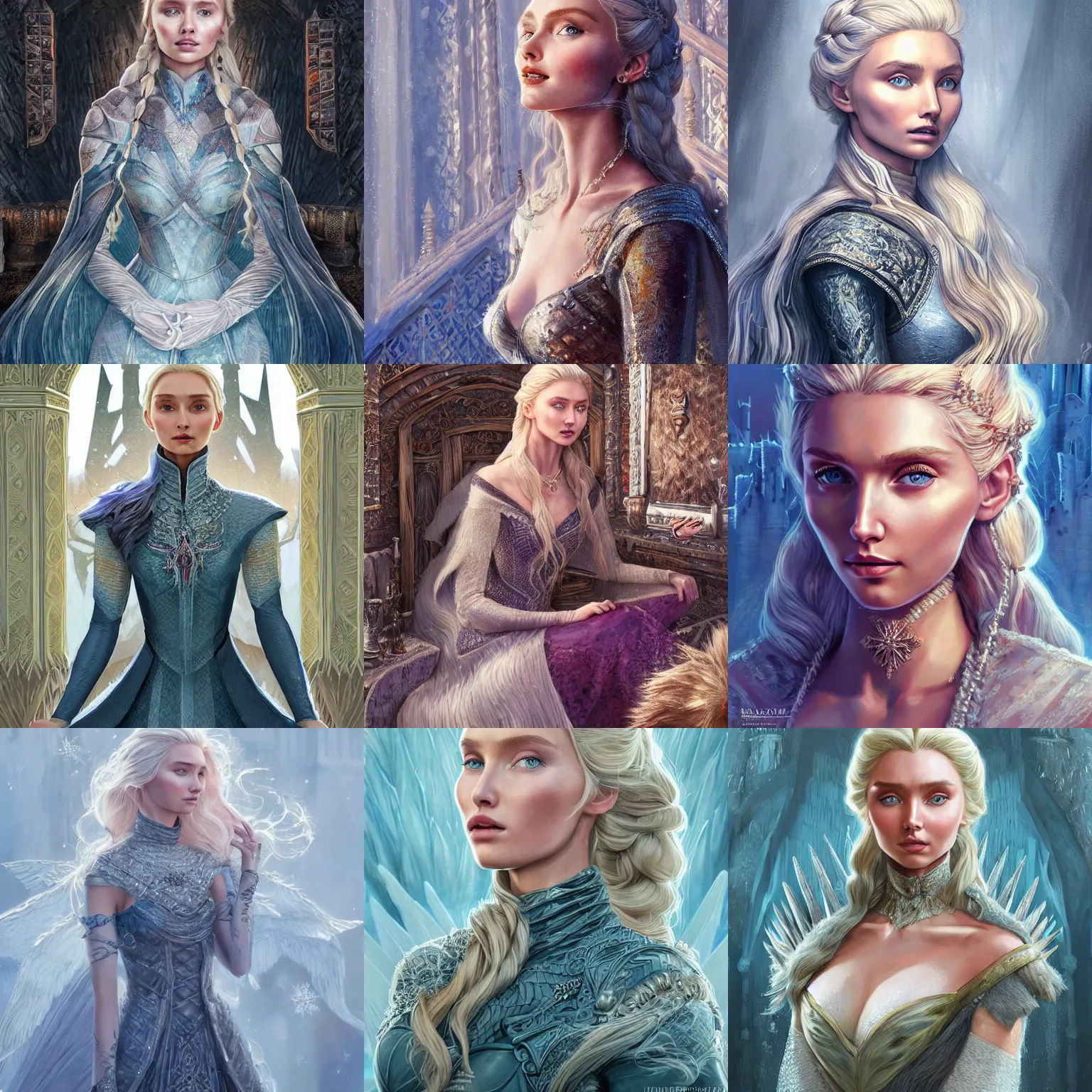 Prompt: hyperdetailed portrait of elsa hosk in game of thrones, intricate castle interior, flowing dress, smooth, artstation, art by michal sawtyruk and rossdraws and amber ye and naranbaatar ganbold and azamat khairov