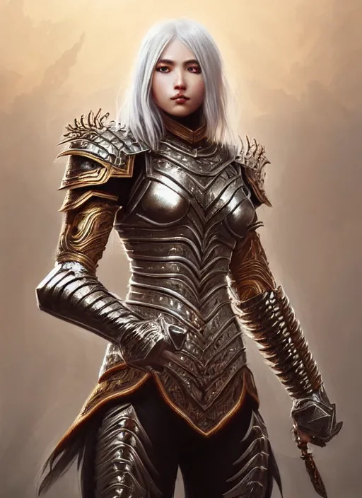 Image similar to warrior, intricate ornate opal heavy armor!!! beautiful and athletic white hair female!! gorgeous face and eyes!! character concept art, sharp focus, octane render! unreal engine 5! highly rendered!! trending on artstation!! detailed linework!! illustration by artgerm, wlop, and chie yoshii