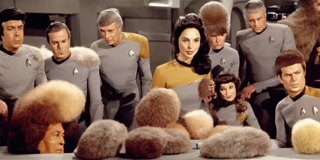 Prompt: Gal Gadot and Tribbles, Tribbles and more Tribbles in a scene from Star Trek the original series