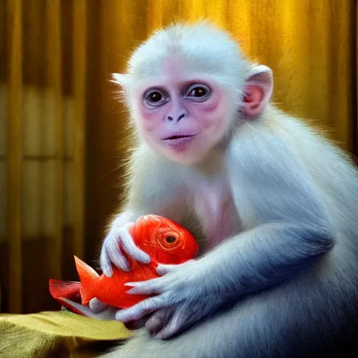 Image similar to magical scene. the sweet old very fat baby white monkey, red lips, blue eyes, is in love with her fancy beautiful colorful white fish. close up. clear face. subsurface scattering shiny skin. cinematic scene. glossy. highly detailed, color harmony, art station, ornate, caravaggio style. 3 d, beautiful lighting, old photography