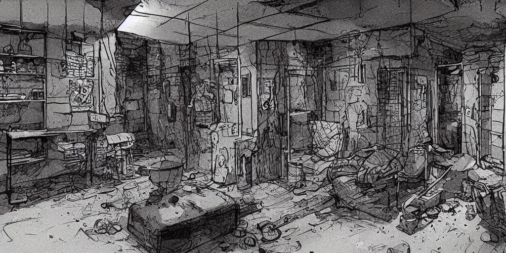 Prompt: a detailed concept art of a serial killers basement, by moebius