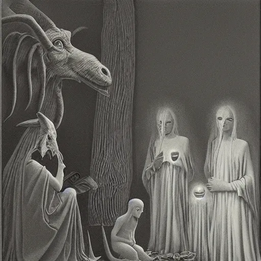 Image similar to Baphomet is reading a book, children gather around him by Zdzisław Beksiński